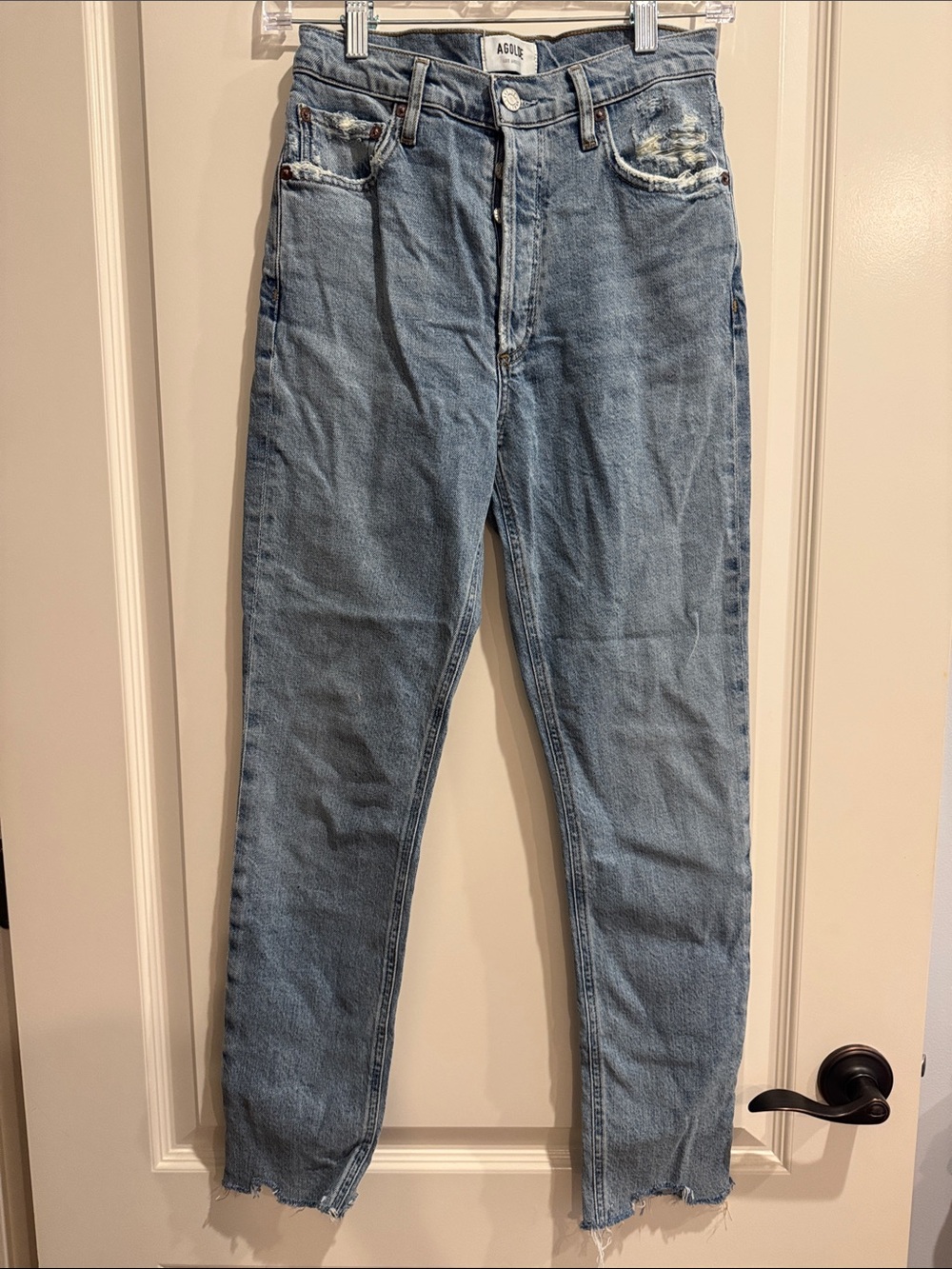 AGOLDE Light Blue High-Rise Straight Jeans with Distressed Trim